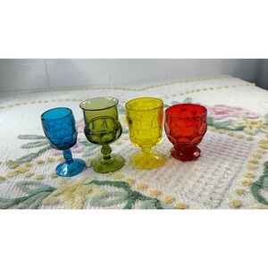 Vintage Mismatched Colored Glass Goblets Set 4 Blue Green Yellow Red Retro MCM